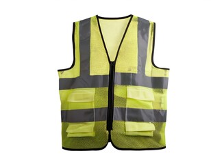 Naklejka premium Yellow reflective safety vest with black stripes, ideal for high-visibility workwear. Isolated on white background.