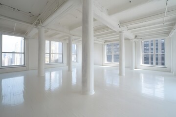 Fototapeta premium Bright White Interior with Columns and Windows Overlooking Cityscape in Minimalist Style