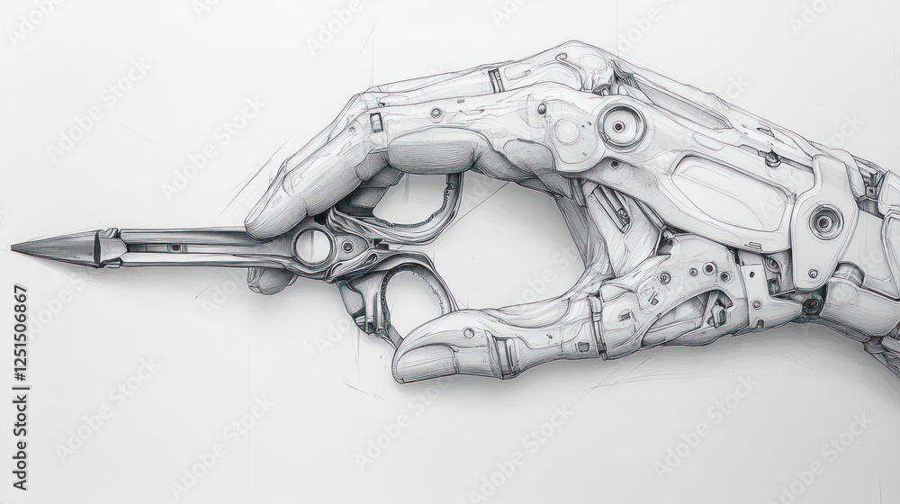 Poster robotic hand sketching with a mechanical tool on a drawing pad