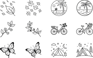 Simple Line Art Icons Nature, Travel, and Seasons