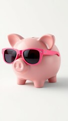 Pink piggy bank wearing sunglasses enjoys a sunny day indoors
