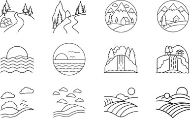 Nature Landscape Icons Mountains, Rivers, Waterfalls, and Hills