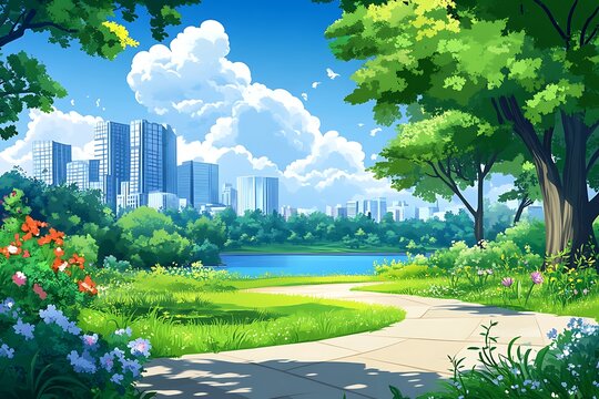 Vibrant park scene with city skyline, perfect for spring/summer