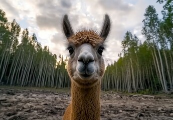 Obraz premium Curious Alpaca Portrait in Forest Setting