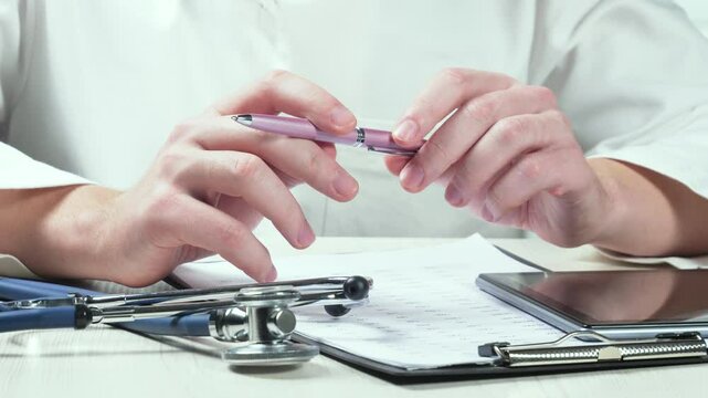 A young doctor describes a patient's medical history. Close-up. Slow motion.
