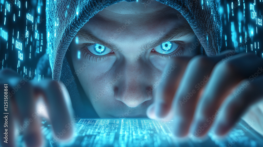 Aufkleber a cyber hacker sits in a dimly lit room, hands poised over a glowing device. bright digital code str