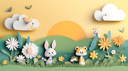 Fototapeta premium Papercraft Animals in a Sunny Meadow Illustration AI Generated