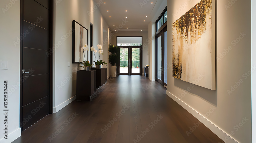 Wall mural Elegant hallway with dark hardwood floors recessed lighting and modern artwork A serene and sophisticated entryway design