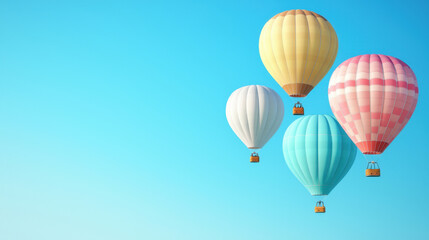 Fototapeta premium Sky scene with floating hot air balloon concept. Colorful hot air balloons in a clear blue sky