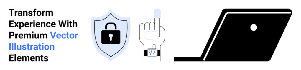 Security shield, finger touch with smartwatch, and sleek laptop combine elements of digital protection, touch ID, and modern tech. Ideal for cybersecurity, biometrics, gadgets, data safety