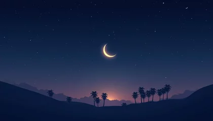 Poster Crescent moon over a desert landscape at night