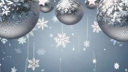 Elegant Winter Silver Backdrop with Ornaments, Frosty Flakes, and Glimmering Stars