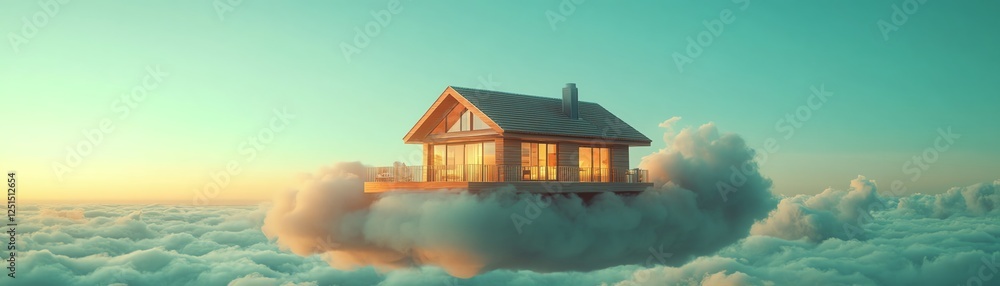 Aufkleber a futuristic floating house in the sky, surrounded by clouds, symbolizing efficient property managem