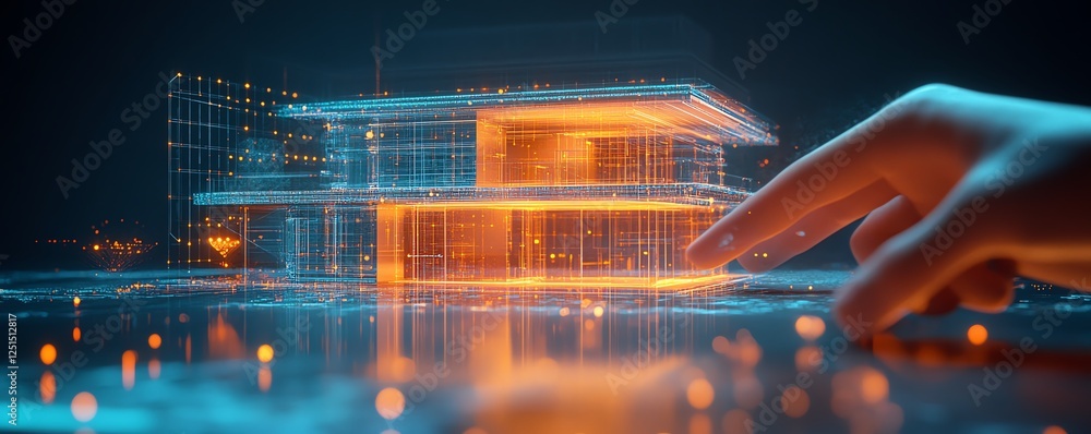 Poster a hand interacting with a holographic interface in front of a futuristic house, symbolizing seamless