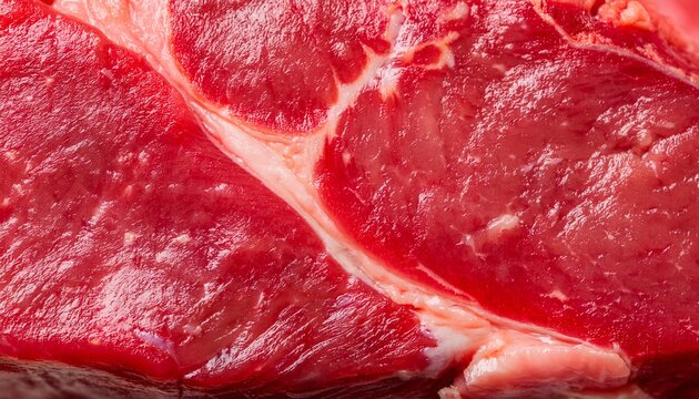 Close-up of raw beef steak, showcasing its rich red color and marbling. Ideal for culinary or food-related content. Texture, food background.