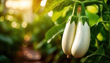  Fresh white eggplant hang on a branch in a greenhouse; growing vegetables, food; summer harvest 