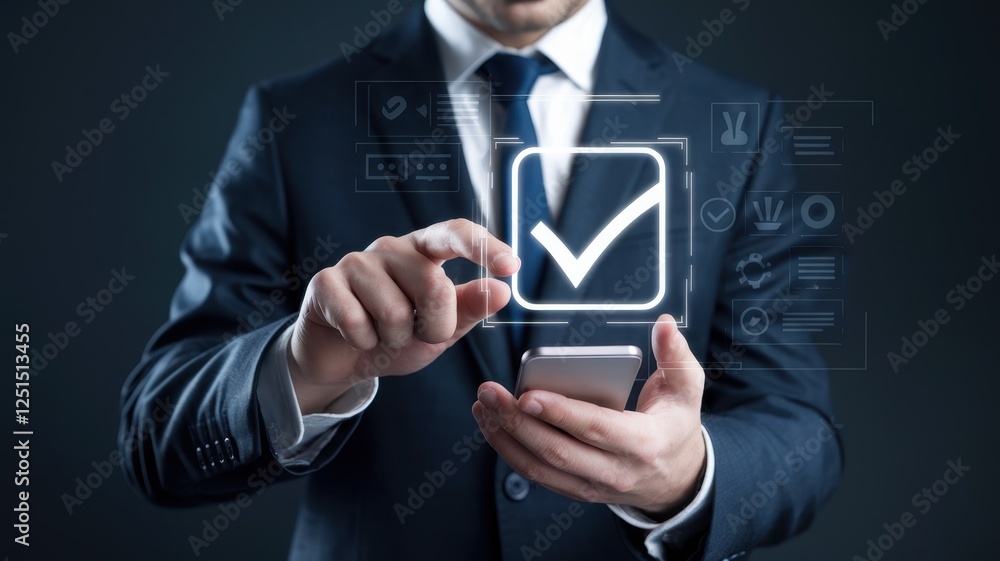 Aufkleber digital checkmark: businessman approves project using mobile app