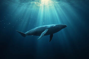 Fototapeta premium Whale swimming in deep ocean water.