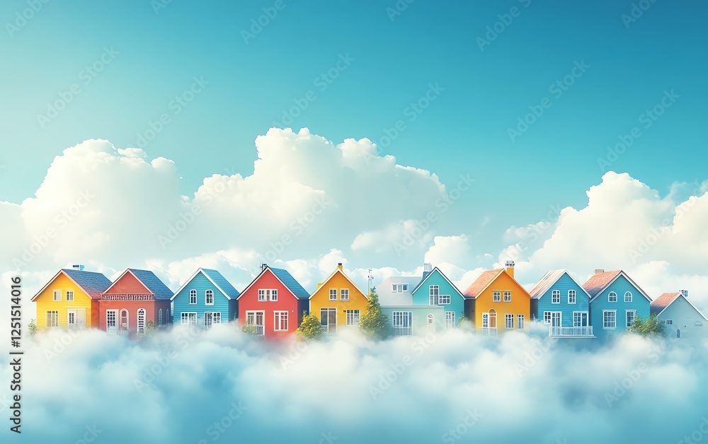 Poster a series of colorful houses drifting in the clouds, representing cloudbased property management, sof