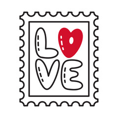 Postage stamp with Romantic Love text with red heart doodle style. Hand drawn flat style love icon. Romantic symbol of love for graphic design poster tattoo Valentines Day card line art