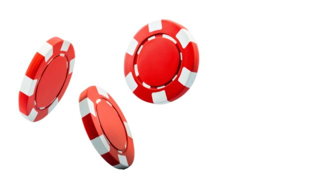 Flying casino chips in mid air, varying in size and design, create excitement