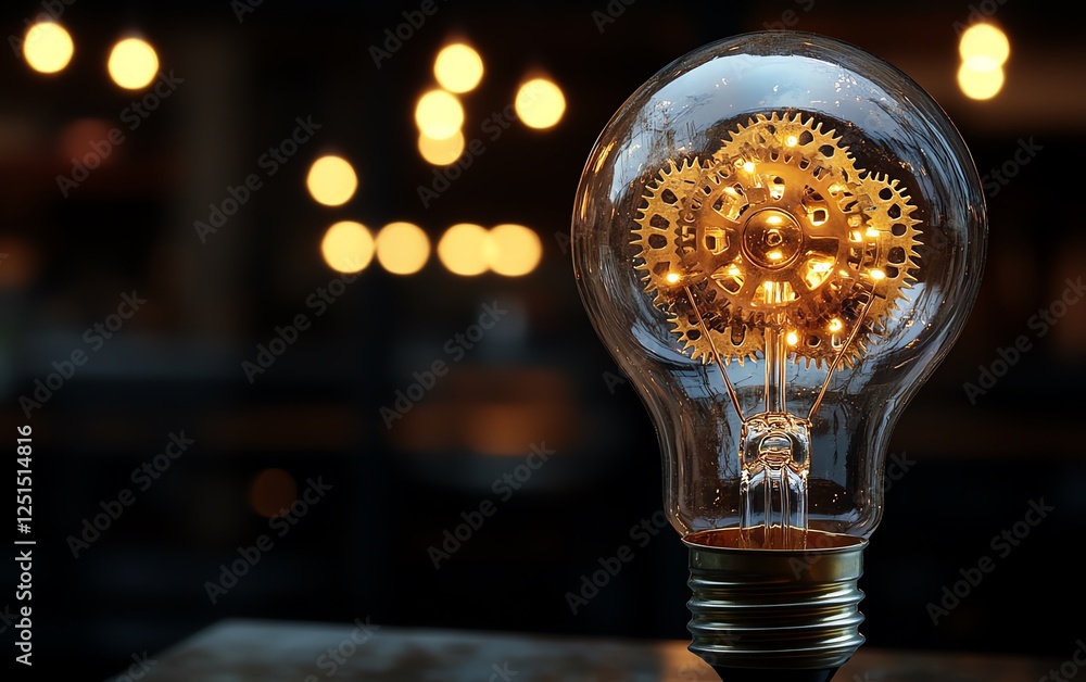 Poster closeup of a lightbulb with intricate gears inside, conveying creativity and problemsolving, subtle 