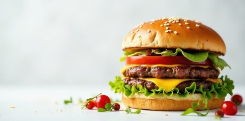 Juicy cheeseburger sitting on a clean white background with toasted buns and condiments , plate, restaurant