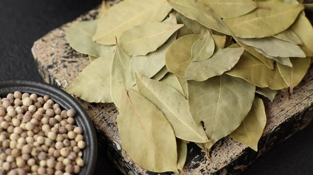 Dried bay leaves, spice, seasoning for cooking at home. Delicious healthy food