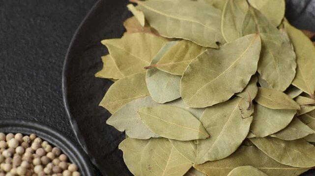 Dried bay leaves, spice, seasoning for cooking at home. Delicious healthy food