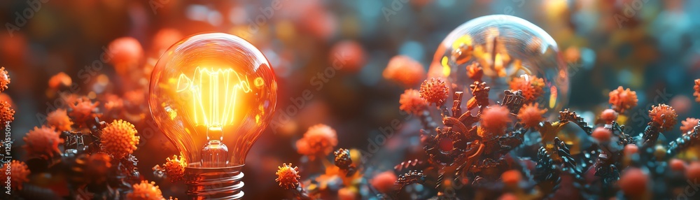 Poster conceptual image of a glowing lightbulb surrounded by interconnected gears, symbolizing creativity a