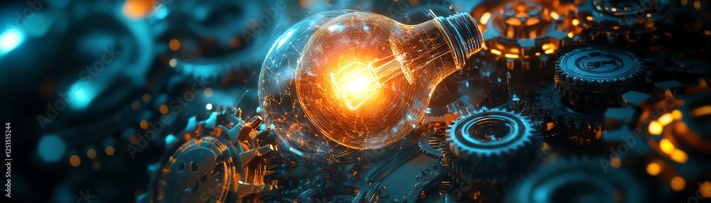 Poster conceptual image of a glowing lightbulb surrounded by interconnected gears, symbolizing creativity a