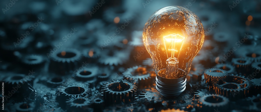 Poster conceptual image of a glowing lightbulb surrounded by interconnected gears, symbolizing creativity a