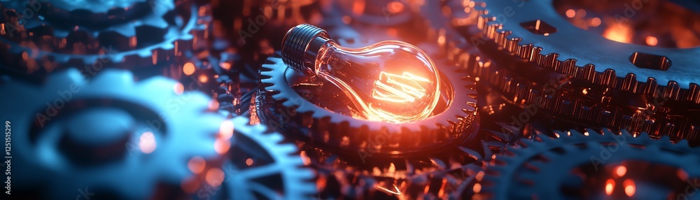 Poster conceptual image of a glowing lightbulb surrounded by interconnected gears, symbolizing creativity a
