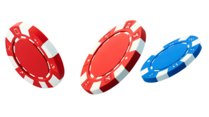 Flying casino chips in mid air, varying in size and color, create excitement