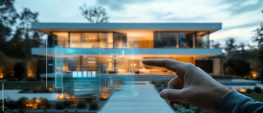 Aufkleber futuristic digital interface controlled by a hand in front of a smart home, symbolizing the future o