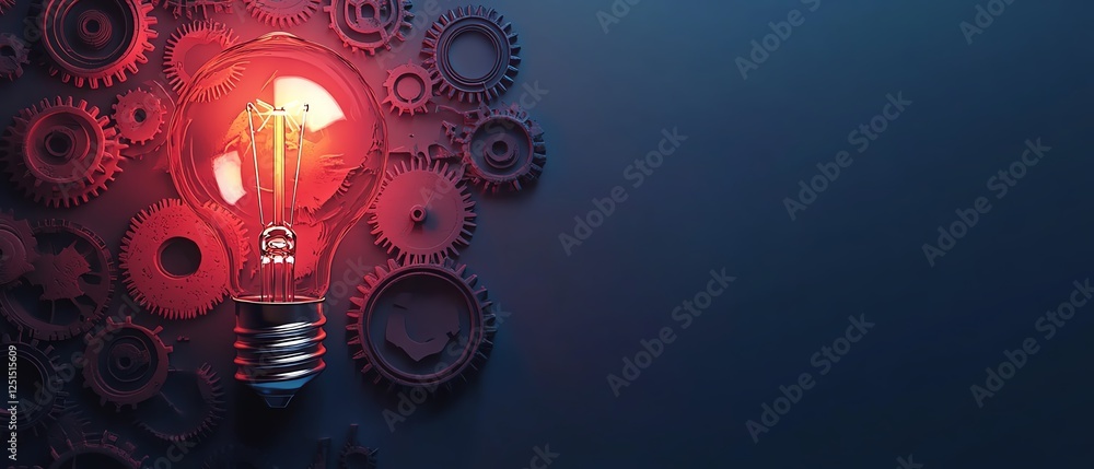 Poster lightbulb and gears with a glowing effect, symbolizing productivity tools and efficiency, modern con