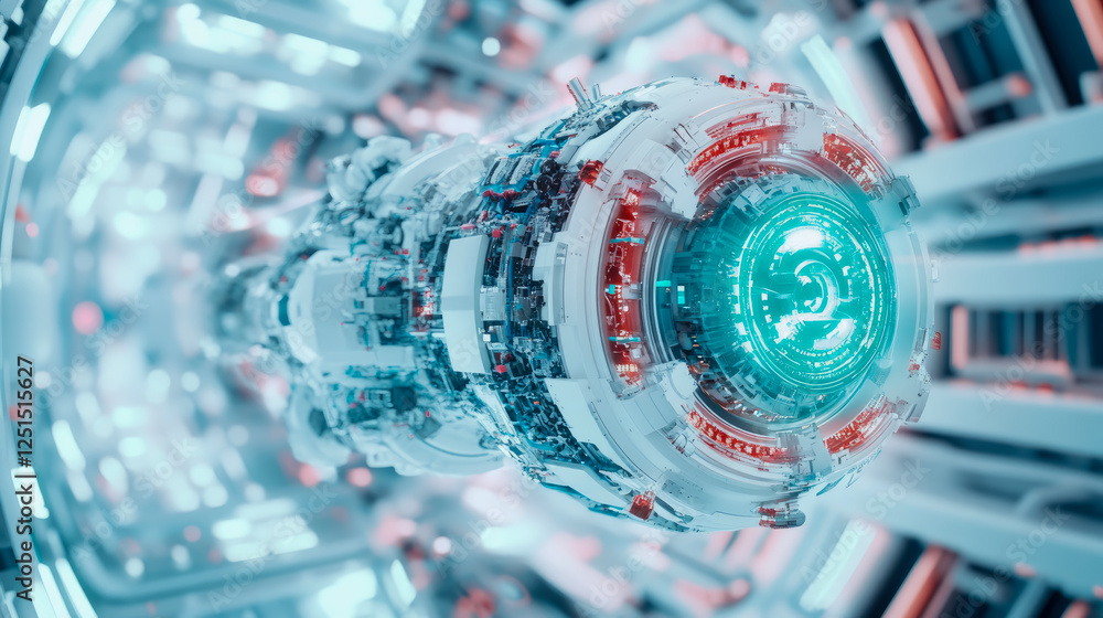 Poster futuristic technology: cybernetic machine core in a sci-fi tunnel