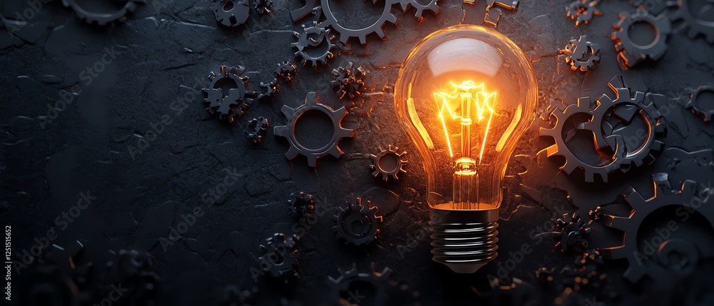 Poster lightbulb and gears with a glowing effect, symbolizing productivity tools and efficiency, modern con