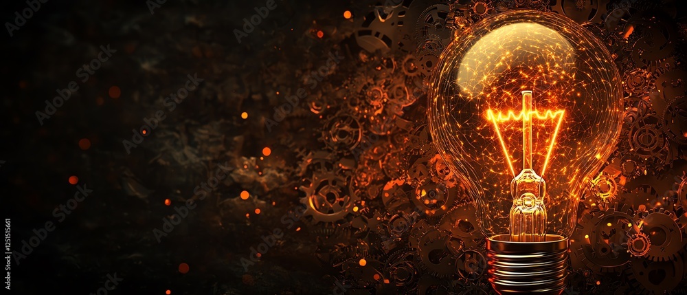 Poster lightbulb and gears with a glowing effect, symbolizing productivity tools and efficiency, modern con
