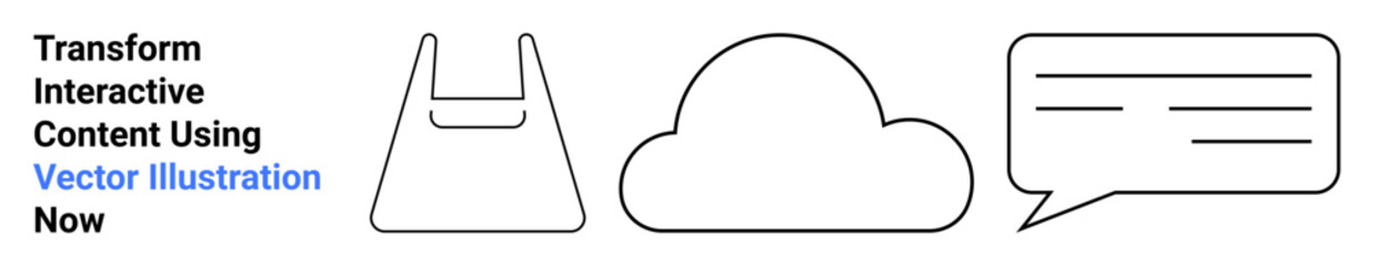 Minimalistic black and white outlines of a shopping bag, cloud, and speech bubble. Ideal for e-commerce, cloud computing, communication, minimal designs, branding, marketing and flat landing page