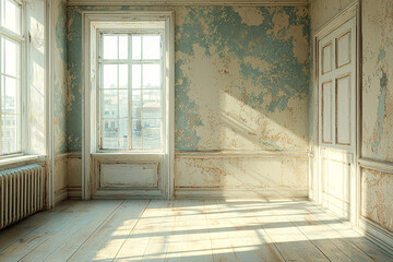 Sunlit room with peeling paint, white trim, and wooden floors, revealing a glimpse of the city through the windows.