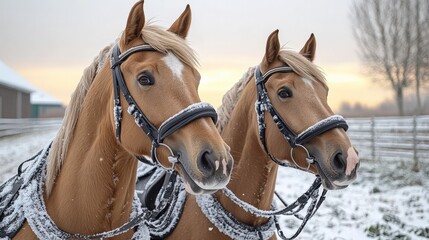 Obraz premium Beautiful Pair of Blonde Horses with Bridles in Snowy Winter Farm Landscape Morning Light Fences Equine Photography Nature Scene