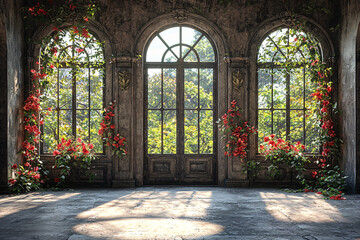 Obraz premium Sunlit weathered archway adorned with red flowers, overlooking lush greenery through old windowpanes.