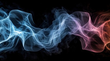 Abstract 3D sound waves in blue and pink tones flowing on a black background, creating a dynamic and ethereal pattern with vibrant and smooth textures representing music and motion...