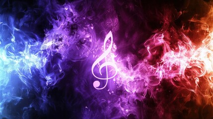Vivid colorful artistic background with glowing treble clef symbol surrounded by dynamic smoke-like textures in vibrant blue, purple, pink, orange tones representing music energy and creativity.