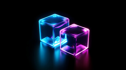 Abstract futuristic background with glowing blue and purple glass cubes on a black background