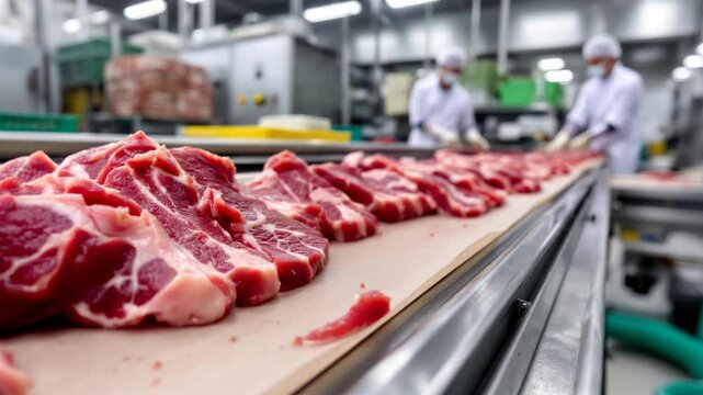 Red Raw Beef Steaks on Conveyor Belt in Meat Processing Plant