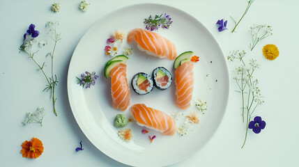 A white plate featuring colorful blossoms, nigiri and avocado sushi. Fresh wasabi adorns the plate, adding an aesthetic touch.