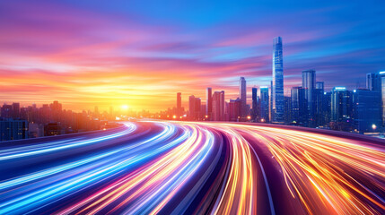Obraz premium A stunning sunset casts a warm glow over a modern city skyline while colorful light trails from vehicles create dynamic movement along the highway