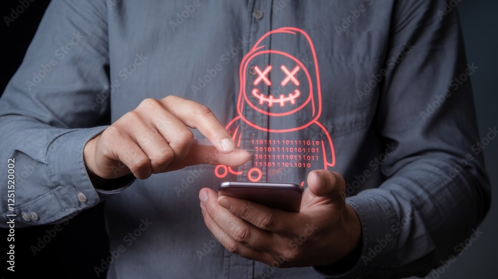 Poster cybersecurity threat: a man interacts with a digital hacker representation on his smartphone